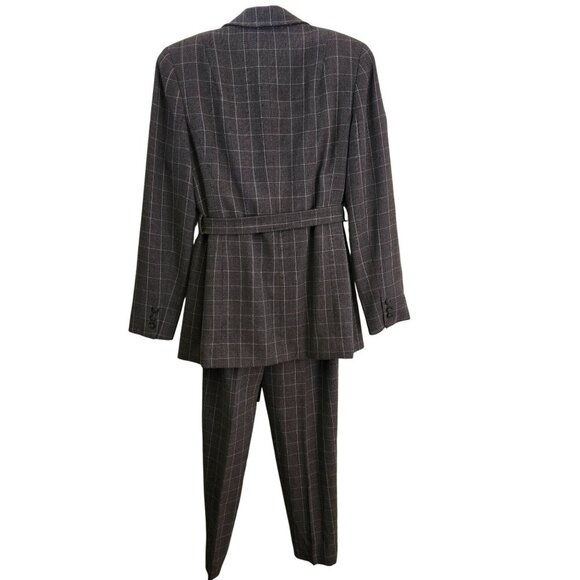 Anne Klein Vintage Brown Windowpane Plaid Wool Tie Front Blazer Pant Suit Size 4 - Picture 2 of 11